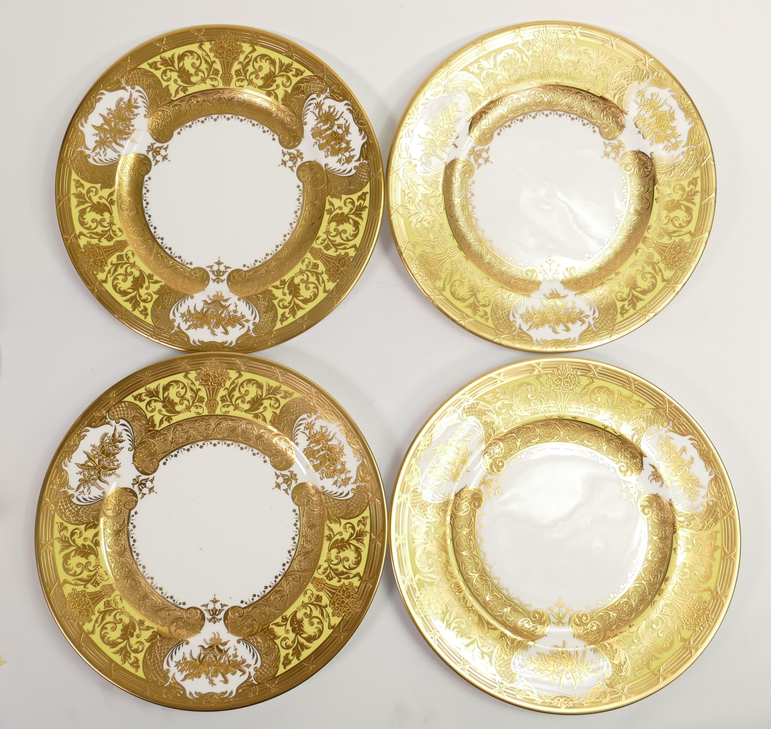 De Lamerie Fine Bone China heavily gilded Majestic patterned dinner plates, specially made high