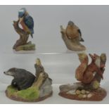 Wedgwood Matt Animal Figures Kingfisher , Badger, Squirrel & Sparrow, tallest 14cm(4)