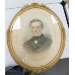 Large Turn of the Century Pastel Portrait in Ornate Oval Frame, frame diameter diameter at largest