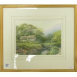 Hilary Scoffield watercolour of a cottage scene. Frame size 50cm x 56cm