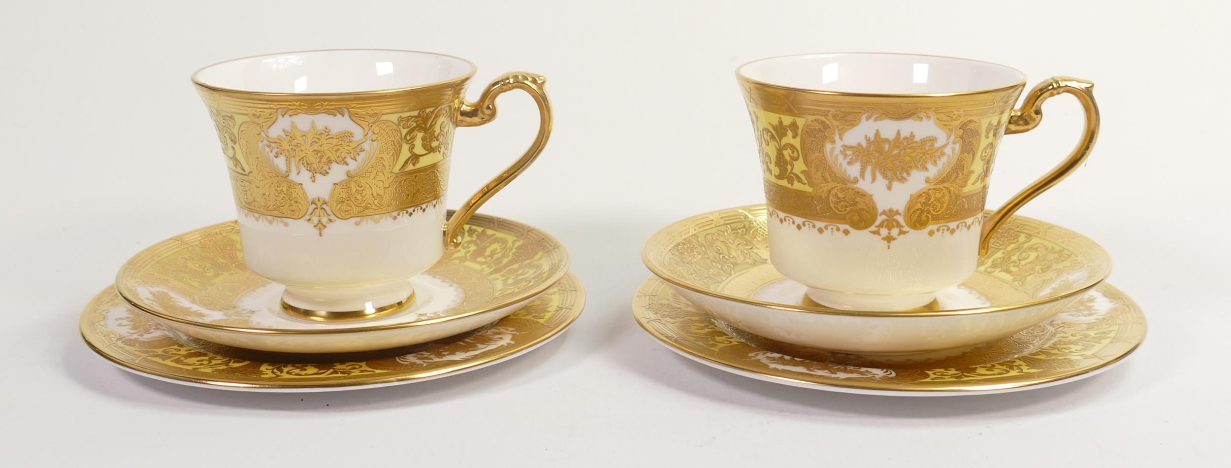 De Lamerie Fine Bone China heavily gilded Majestic patterned Trio's, specially made high end quality