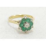 18ct gold ladies emerald and diamond cluster ring, size I, 3.6g.