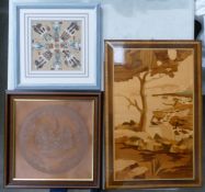 Three framed items, to include a copper engraving, Authentic Navajo Sand Painting, Geometric design,