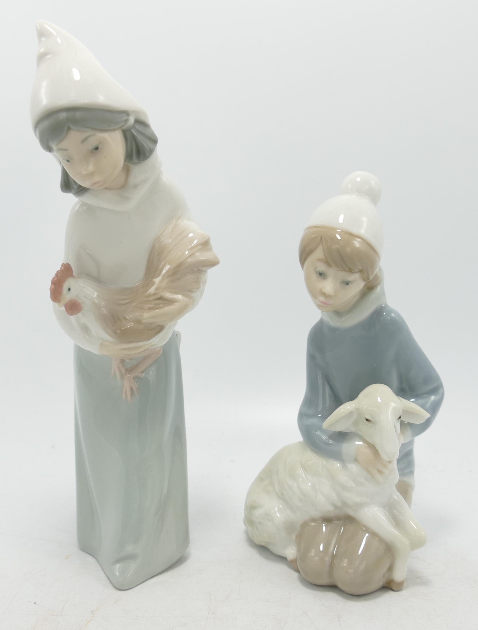 Lladro Girl with Cockerel Figure & similar Boy with Lamb, tallest 19.5cm(2)