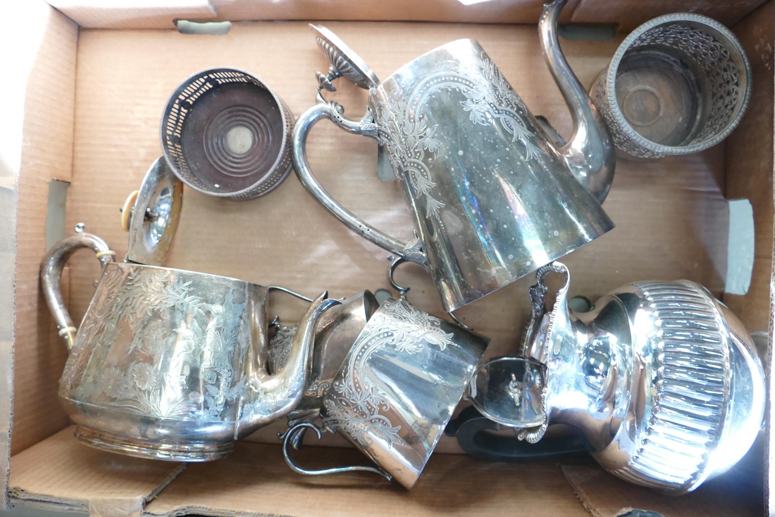 A mixed collection of silver plated items including Tea Service Coaster Holder, Coffee Pot etc