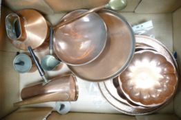 A collection of Copper items to include shaped shallow bowls, Coppal branded Hot Chocolate set,