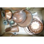 A collection of Copper items to include shaped shallow bowls, Coppal branded Hot Chocolate set,