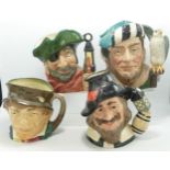 Royal Doulton Large Character Jugs Smuggler D6616, Paddy, The Falconer D6533 & Guy Fawkes D6581(4)