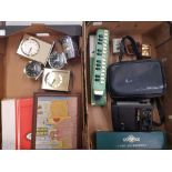 A mixed collection of items to include carriage and alarm clocks, Kodak EK160 instant camera, Hohner