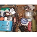 A mixed collection of items to include stationary items, drink measures, cash box, vintage glass
