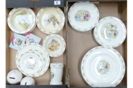 Royal Doulton Bunnykins items to include - dinner plates, salad plates, oatmeal dishes, money