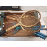 A collection of vintage tennis and badminton rackets (6).