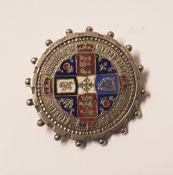 Victorian 1859 Enamelled Silver Gothic Florin brooch in white metal mount, total weight 15.2g.