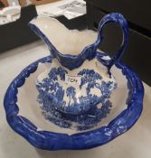 Staffordshire 'Romantic' Flow Blue toilet bowl and jug.