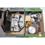 A mixed collection of items to include oak mantle clock, pocket knifes, harmonica, vintage