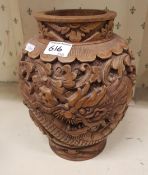 Large Mid century carved hardwood Dragon vase, 28cm in height.