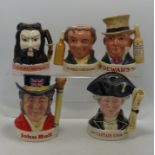 Royal Doulton Small Whiskey Decanters Captain Cook, Mr Pickwick, John Bull , Saurai & Pickwick(5)