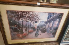 A group of three large framed oil on canvas's together with a framed print by C Kietter, largest
