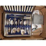 A vintage cased cutlery canteen together with loose cutlery (1 tray).