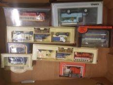 A collection of Lledo and similar boxed advertising vans, buses and trams (1 tray).