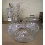 Glassware items to include Crystal Vase, Decanter, Pressed Glass Footed Bowl and Cake Dome. (4)