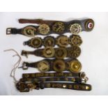 A collection of 19th century horse brasses on leather straps.