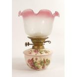 Carlton Blush ware bedside oil lamp with etched type shade, by Wiltshaw & Robinson, c1900,