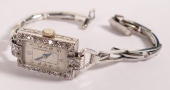 9ct white gold ladies Art Deco cocktail watch, diamond encrusted dial with 9ct white gold
