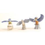 Wade figures of Budgie (limited edition), Kingfisher & Blue Tit both marked with pen KIM to base,