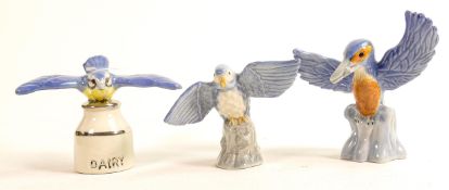 Wade figures of Budgie (limited edition), Kingfisher & Blue Tit both marked with pen KIM to base,