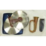 Regimental copper Bugle, marching band Zyn Cymbals & empty leather piccolo case. (3)