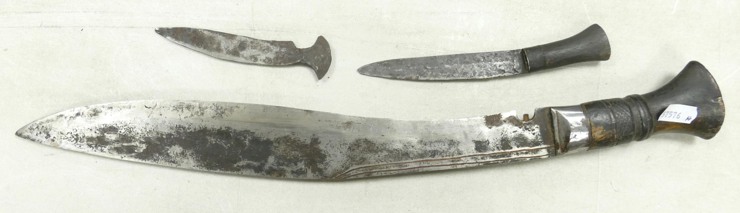 20th century Indian subcontinent Kukri knife, with two smaller blades, in leather sheath. 30.8cm - Image 2 of 3
