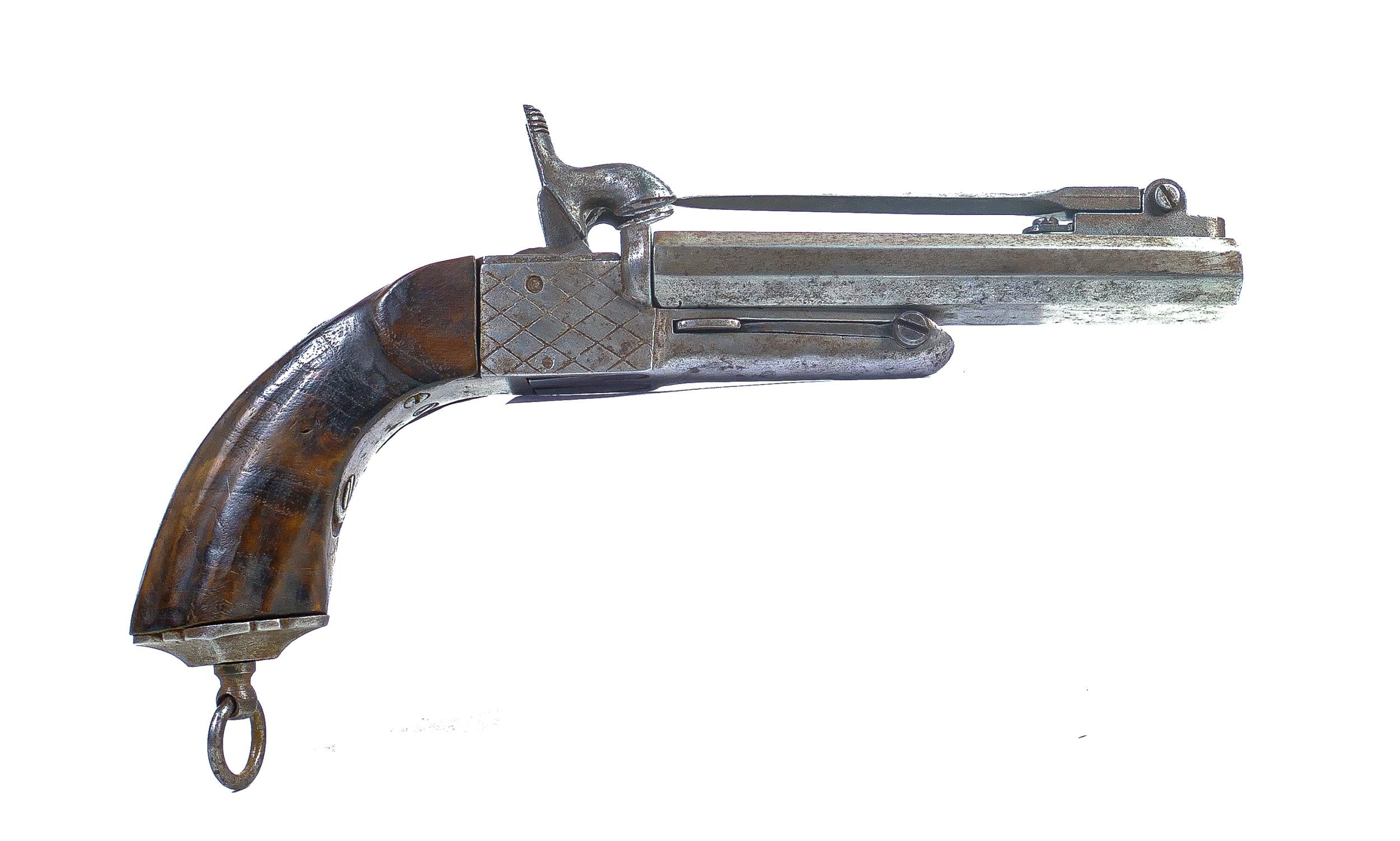 Percussion pistol with folding spike, 29cm long, hammer pulls half cocks / cocks back & fires on
