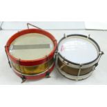 Regimental painted wood & brass Marching Snare drums, largest diameter 38cm (2)