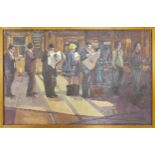 Large oil on canvas People Queueing Reading the News, signed Keith Hill, canvas size 70 x 111cm