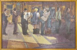 Large oil on canvas People Queueing Reading the News, signed Keith Hill, canvas size 70 x 111cm