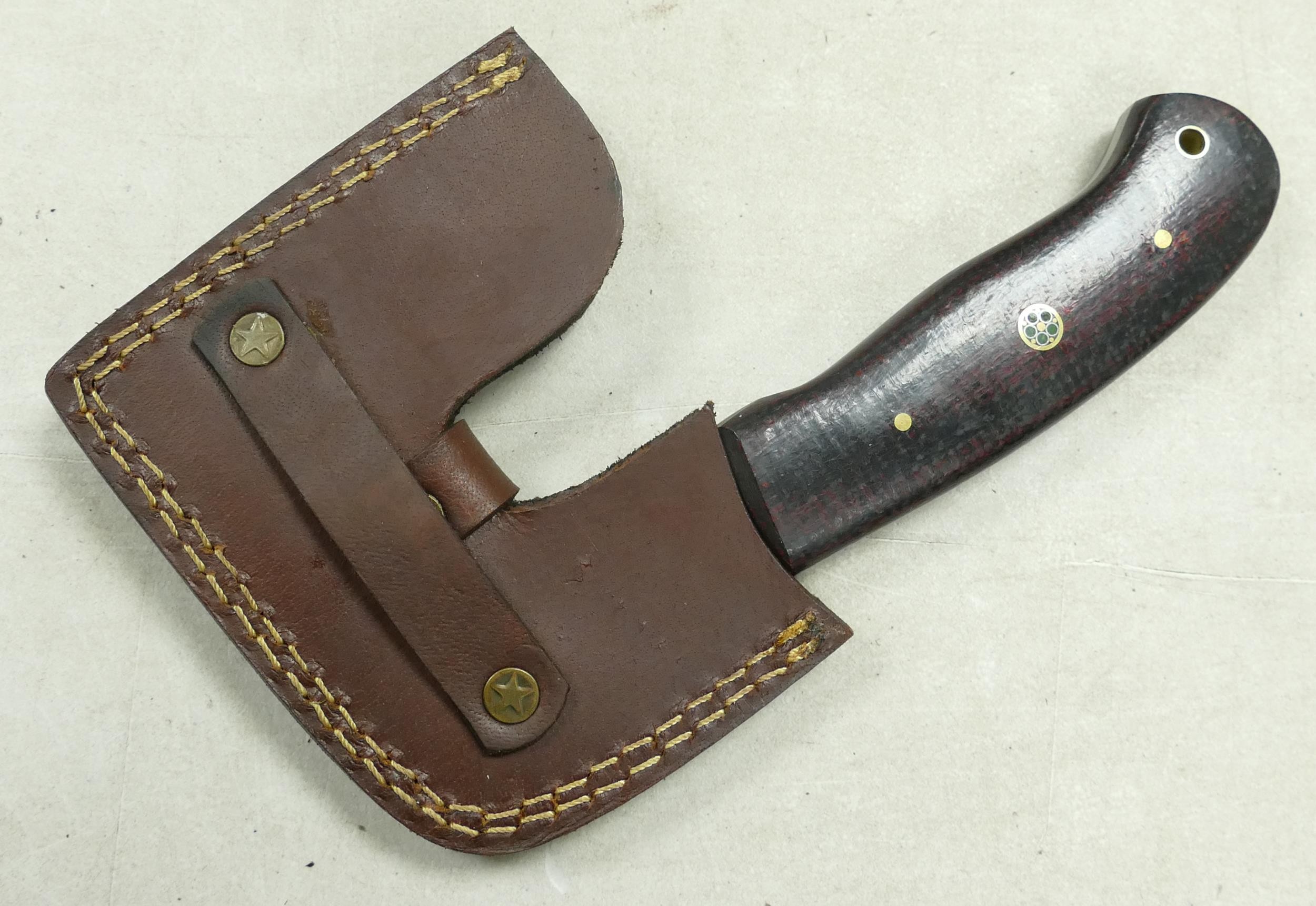 Late 20th century hunting axe hatchet blade in leather sheath. Blade measures 11cm diagonally. - Image 2 of 4