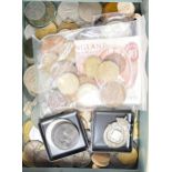 A collection of old coins including 1889 silver crown, Silver medal, 10 shilling note etc