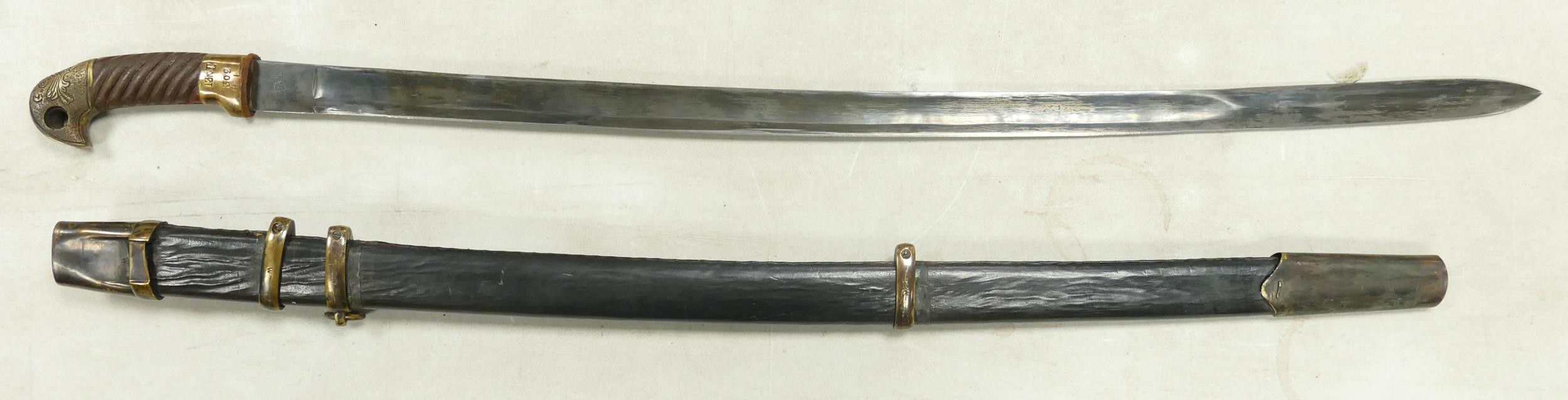 A circa 1934 Russian Shashka Dragoon sabre. Steel blade, brass accents on grip and scabbard. Date - Image 2 of 6