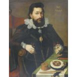 A large oil painting. Cartographer holding a flower d.1624? Measures 91 x 69 cm.