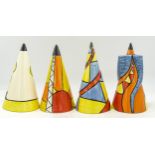 Four Lorna Bailey pieces - "Oaklands" sugar sifter 14cm high, a "Sunburst" conical sugar sifter 14cm