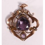 Victorian larger 9ct gold and amethyst pendant. Larger of the stones measuring 12mm x 11mm