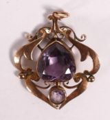 Victorian larger 9ct gold and amethyst pendant. Larger of the stones measuring 12mm x 11mm