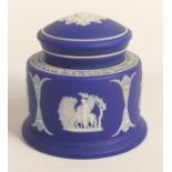 Wedgwood dipped blue ink well and lid. Liner missing, chip to underside on base and lid rim.