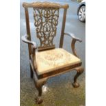 Antique Chippendale style carved walnut armchair - treated woodworm noted.