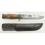 Antique early 20th century, Mexican artillery fighting knife with leather sheath. Blade stamped