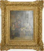 Painting. 18th century style or earlier, oil on canvas. School scene. Measures 25 x 20.3 cm.