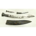 20th century Indian subcontinent Kukri knife, with two smaller blades, in leather sheath. 30.8cm