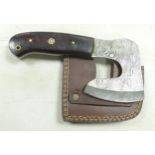 Late 20th century hunting axe hatchet blade in leather sheath. Blade measures 11cm diagonally.