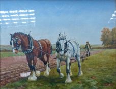 Richard Rhead Simm (born 1926), oil on canvas, Rural Ploughing scene 37 x 47cm behind glass.